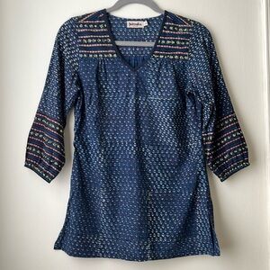 Artisan Block Print Fabindia Cotton Beaded 3/4 Sleeve Tunic Top Blouse